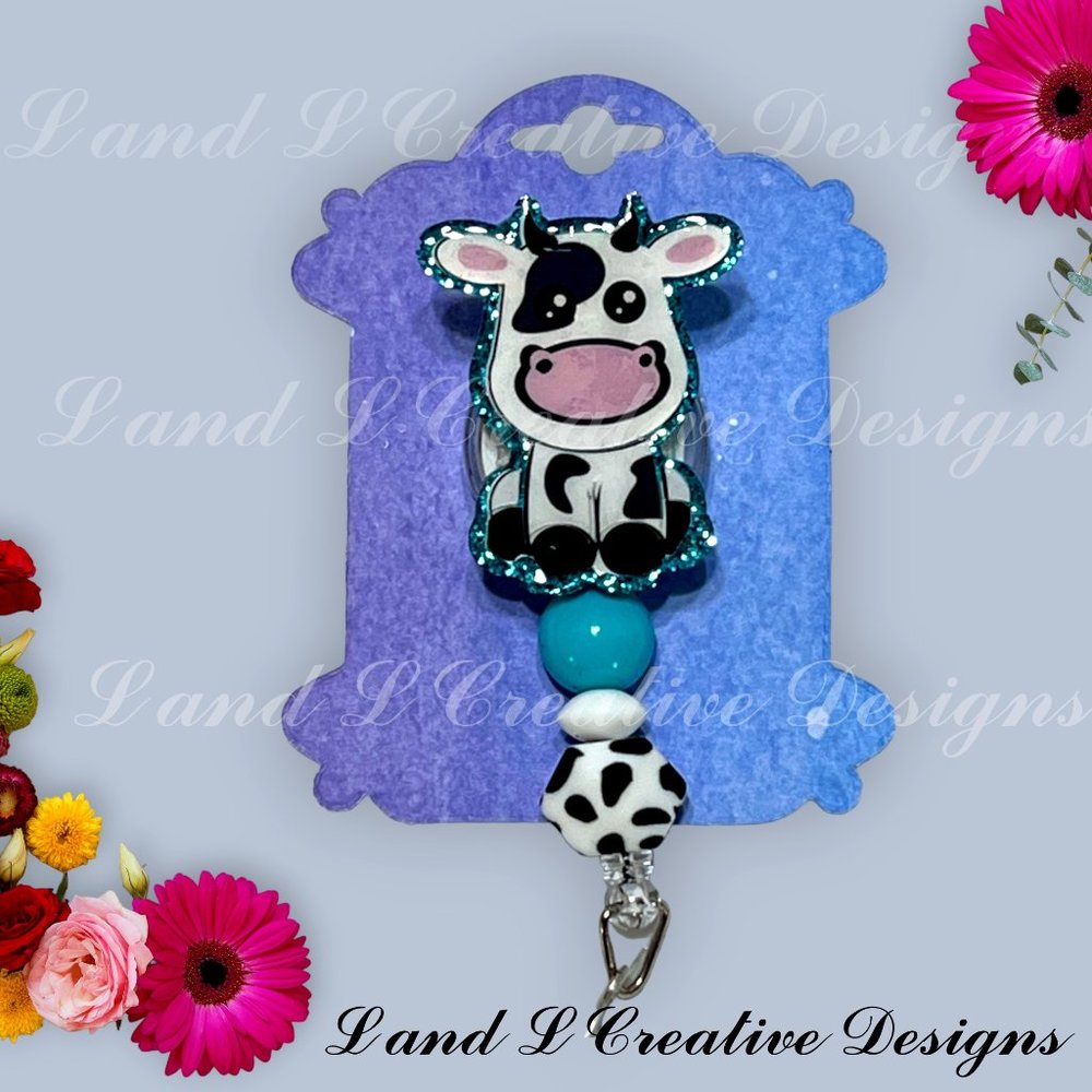 Black & white baby cow with teal glitter badge reel-ID holder- Card holder